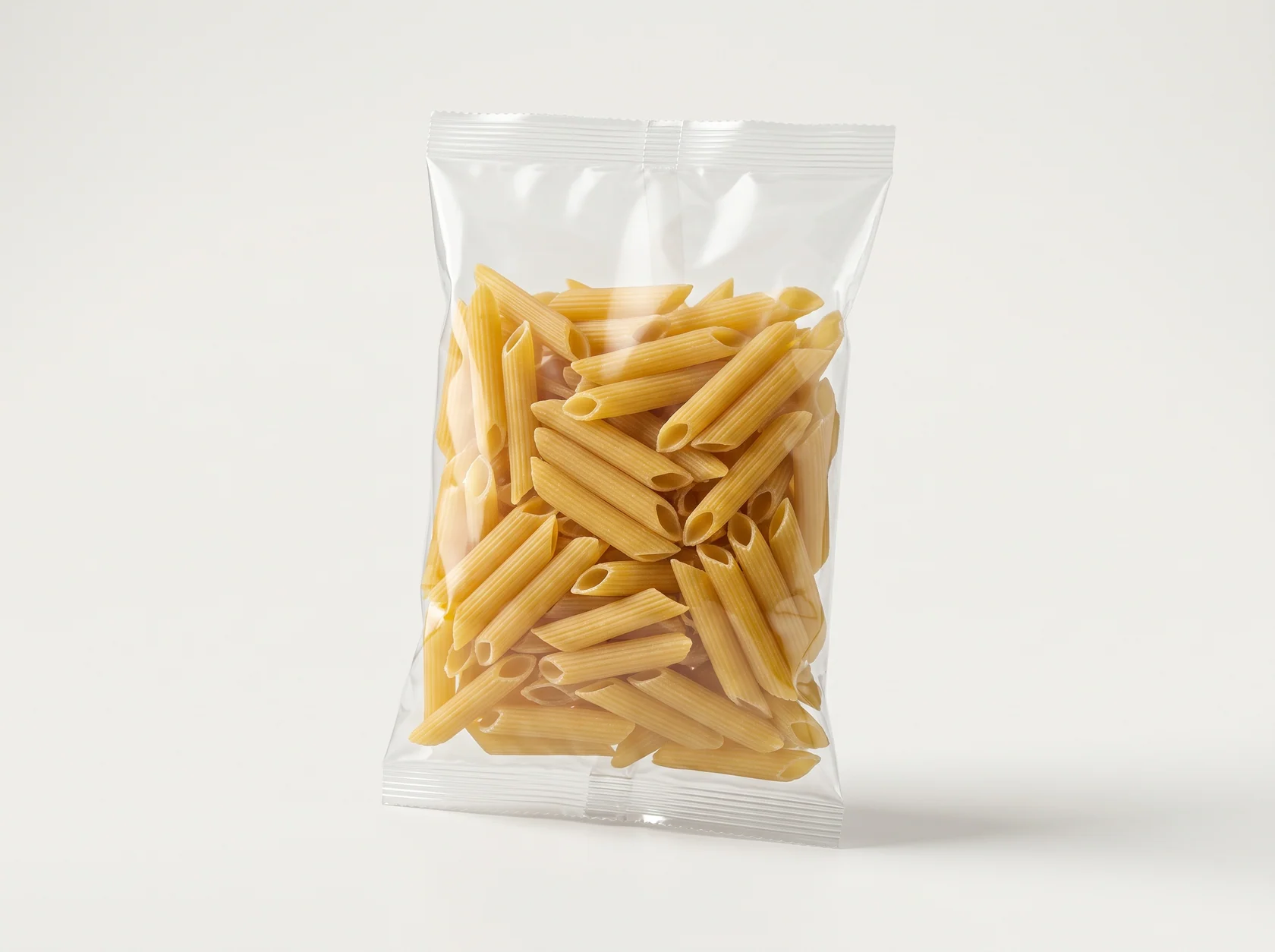 Penne in a transparent flexible bag